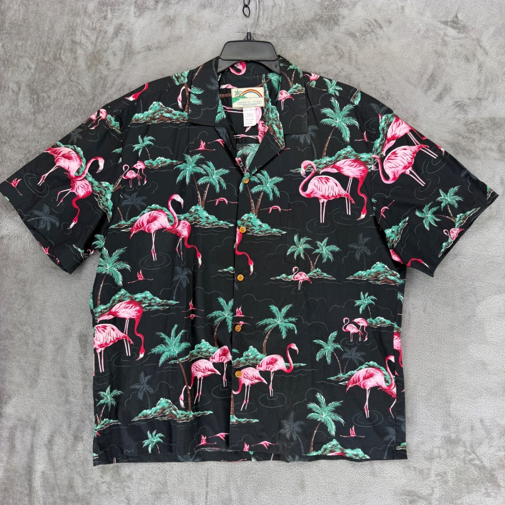 Paradise Found Shirt Mens XL Black Flamingo Palm Tree Cotton Aloha Hawaii 24633